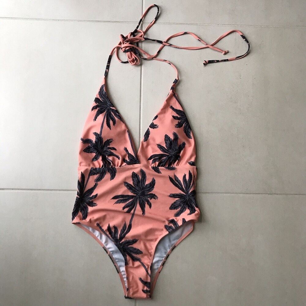 Shein One Piece Swimsuit Tropical Print Plunge Halter Neck Swimwear